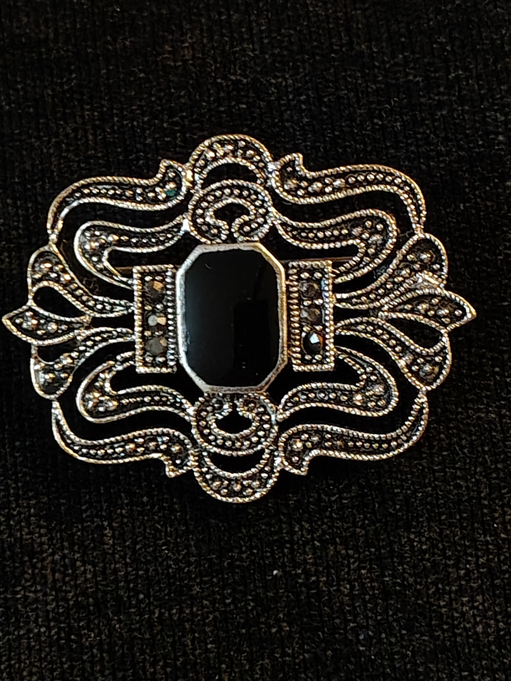 Vtg. Ornate Marcasite & Black Stone Brooch